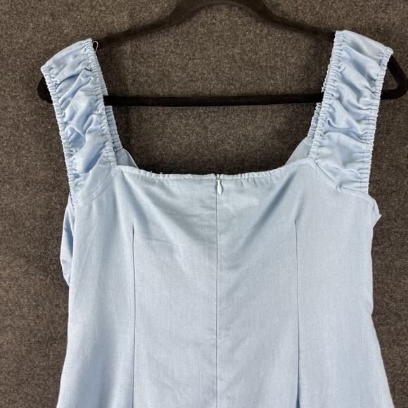 P Cill Linen Blend Mini Dress Womens Large Blue Tie Front Ruffle Cut Out NEW - Picture 9 of 13